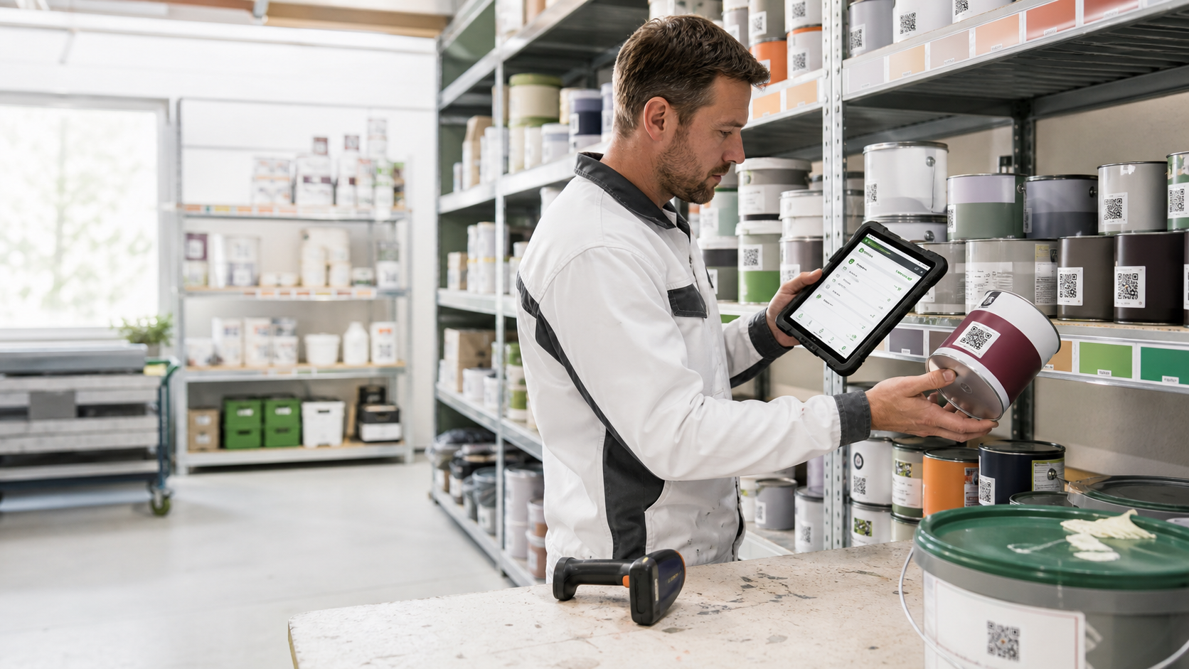 Schilder gebruikt een tablet om een verfblik met QR-code te scannen
